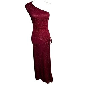 CITY TRIANGLES Womens XL Red Glitter Long Gown Maxi Dress High Slit Shirred Sexy